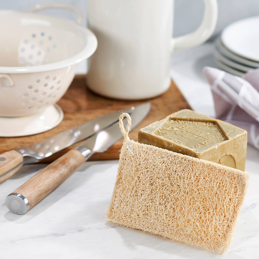 Bar of soap and loofah on a kitchen counter with utensils and dishes in the background