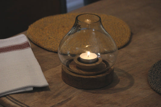 Nkuku Naryla Lantern - Mango Wood & Glass Made Ethically and Sustainably by Nkuku, Small size, Perfect to pair a tea light candle.