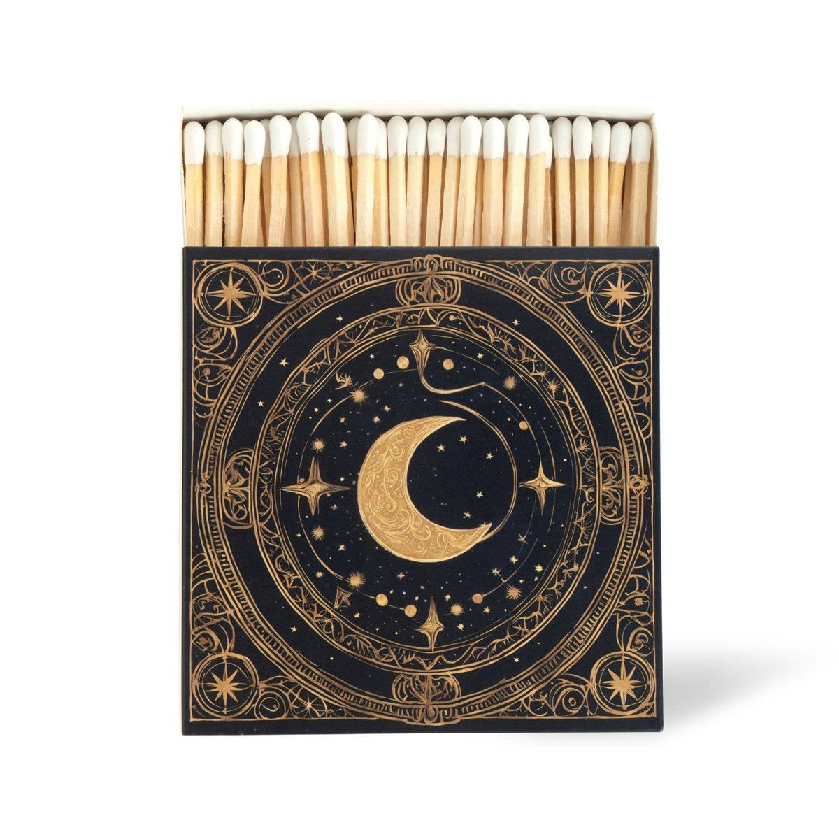 A matchbox of matches with a black cover decorated with a gold celestial design featuring a crescent moon, stars, and ornate circular patterns. The wooden matchsticks inside have white tips, and the box is photographed on a clean white background.