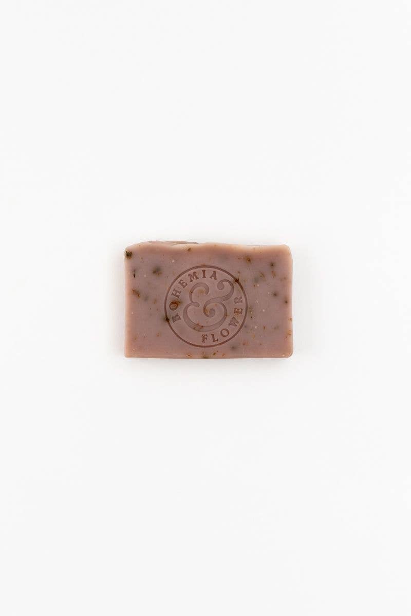 Bar of Bohemia & Flower soap with a brand logo on a white background