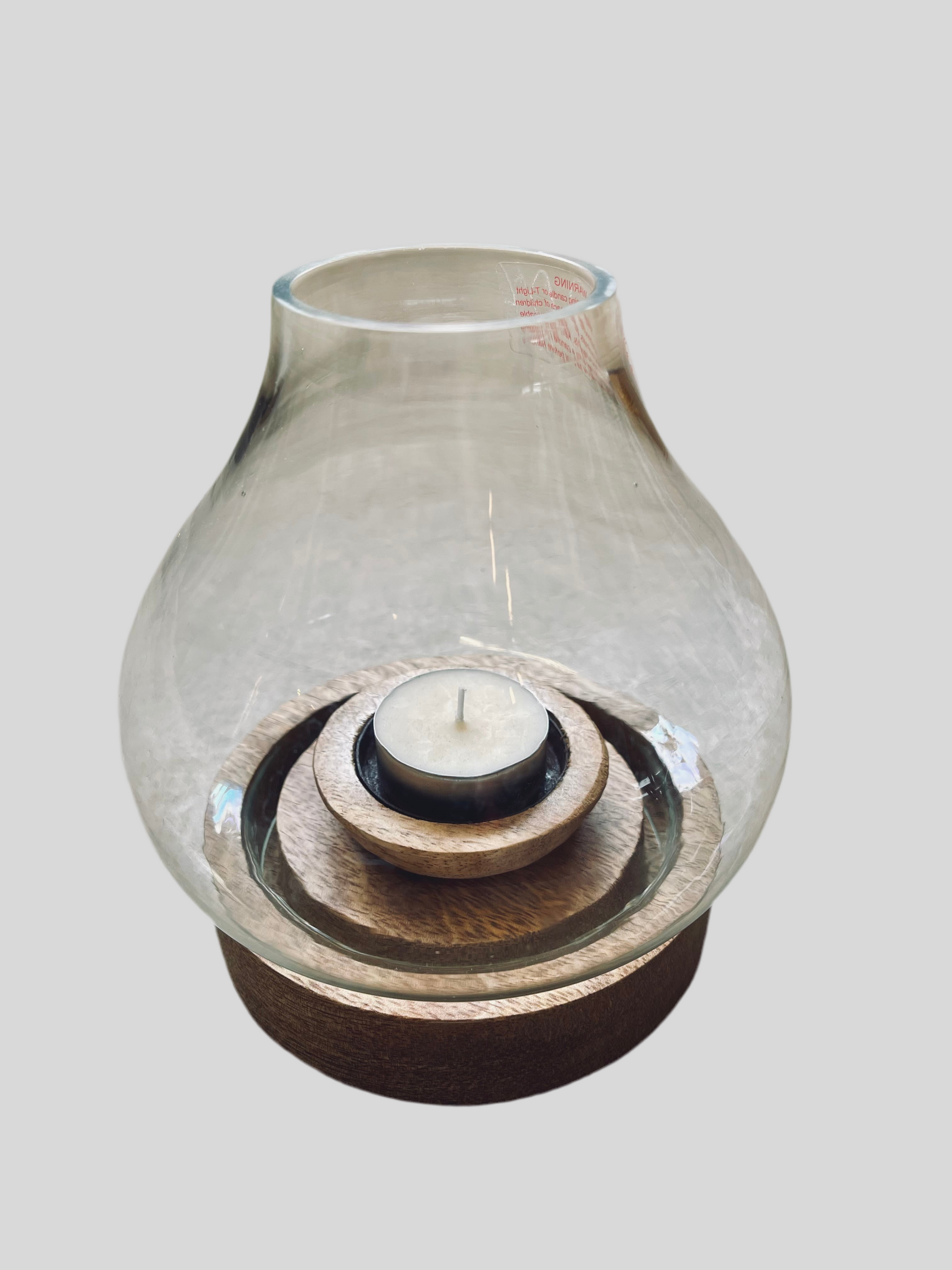 Nkuku Naryla Lantern - Mango Wood & Glass Made Ethically and Sustainably by Nkuku, Small size, Perfect to pair a tea light candle.