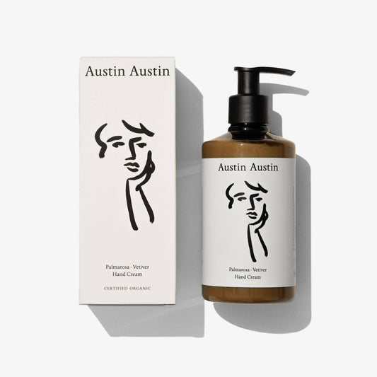 Austin Austin hand cream bottle and packaging on a white background
