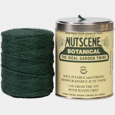 Nutscape Botanical garden twine with green jute twine and a metal canister on a white background