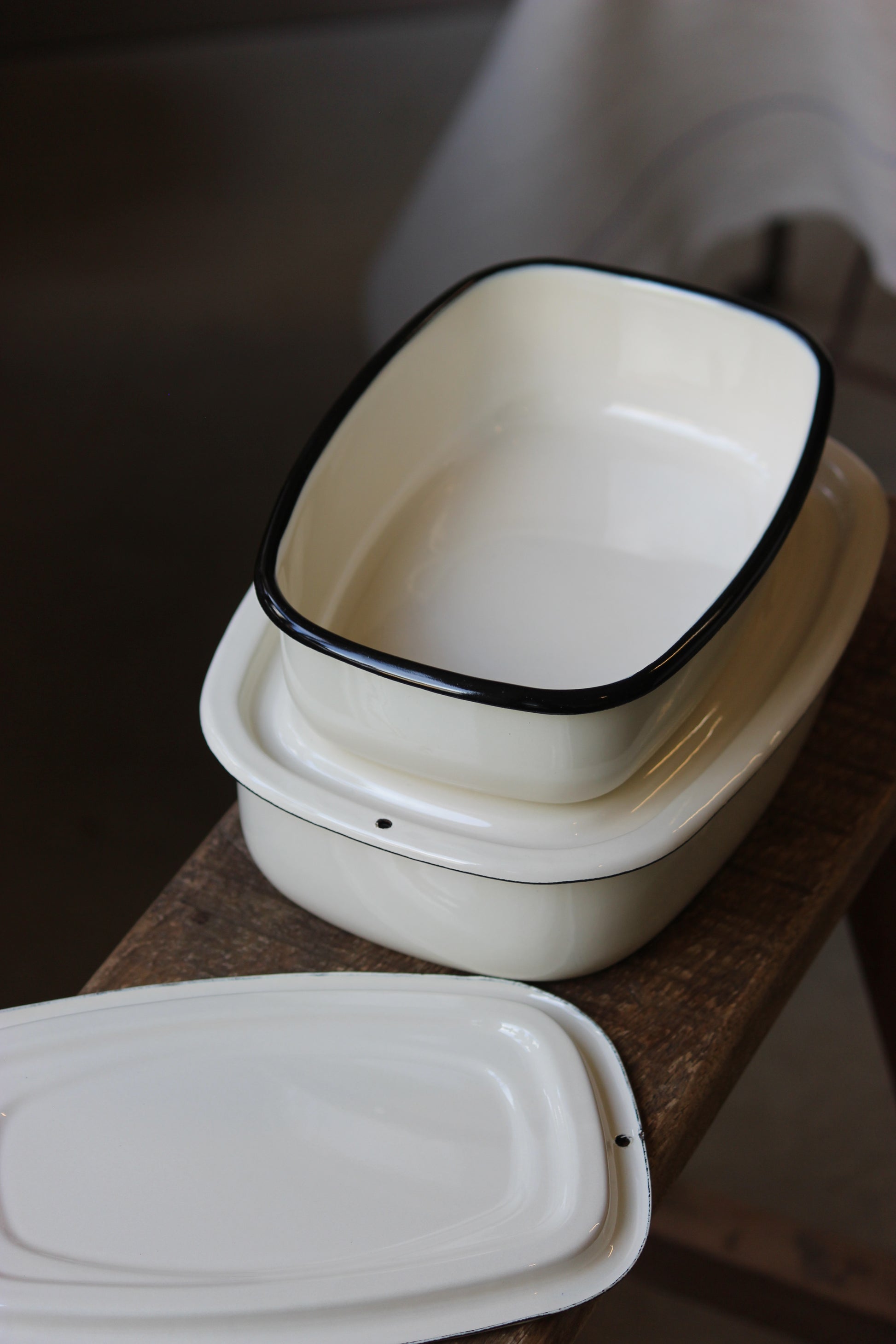 Two Ukrainian Enamel Storage Casserole Dish Cream