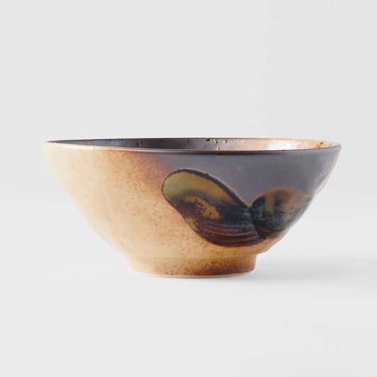 Ceramic bowl with brown and black glaze on a white background. Wabi Sabi Udon Bowl 19cm made in Japan 