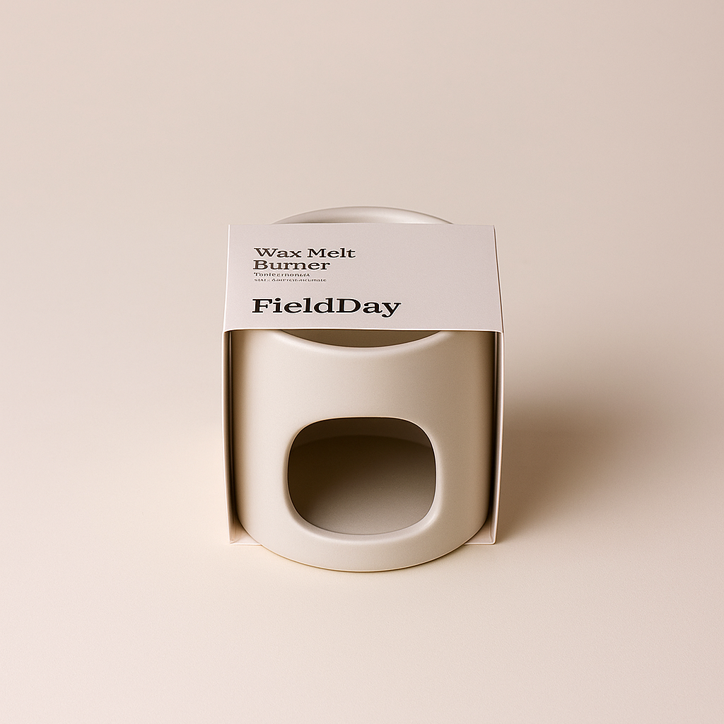 Wax melt burner with 'FieldDay' branding on a beige background