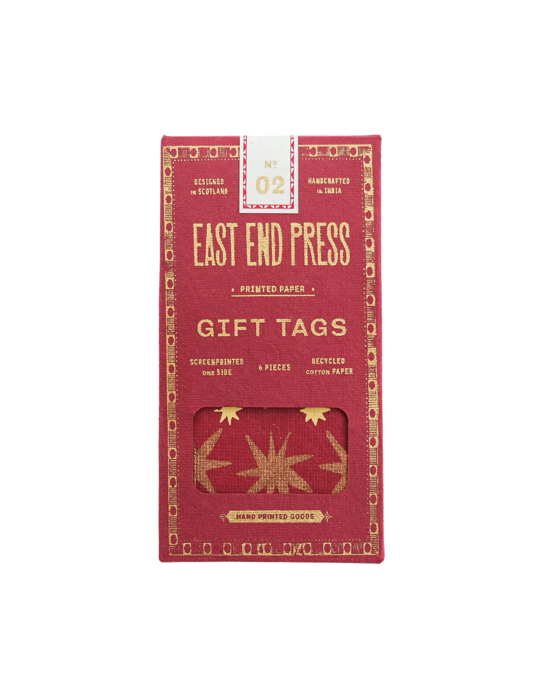 Red box of East End Press gift tags with gold text and design on a white background