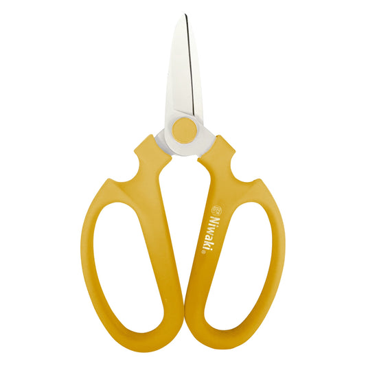 Yellow-handled scissors with a white blade on a white background