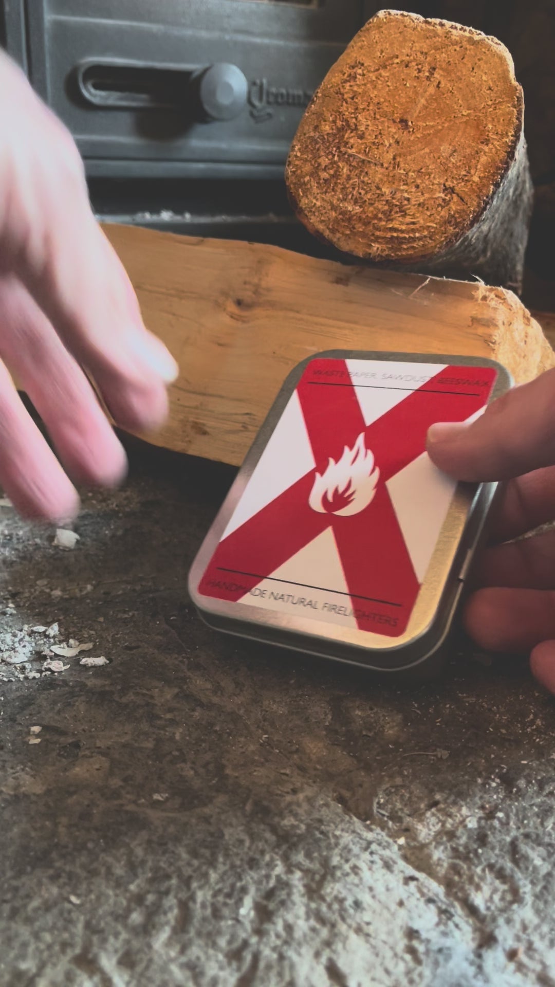 video showing inside the tin of natural beeswax firelighters made in the UK