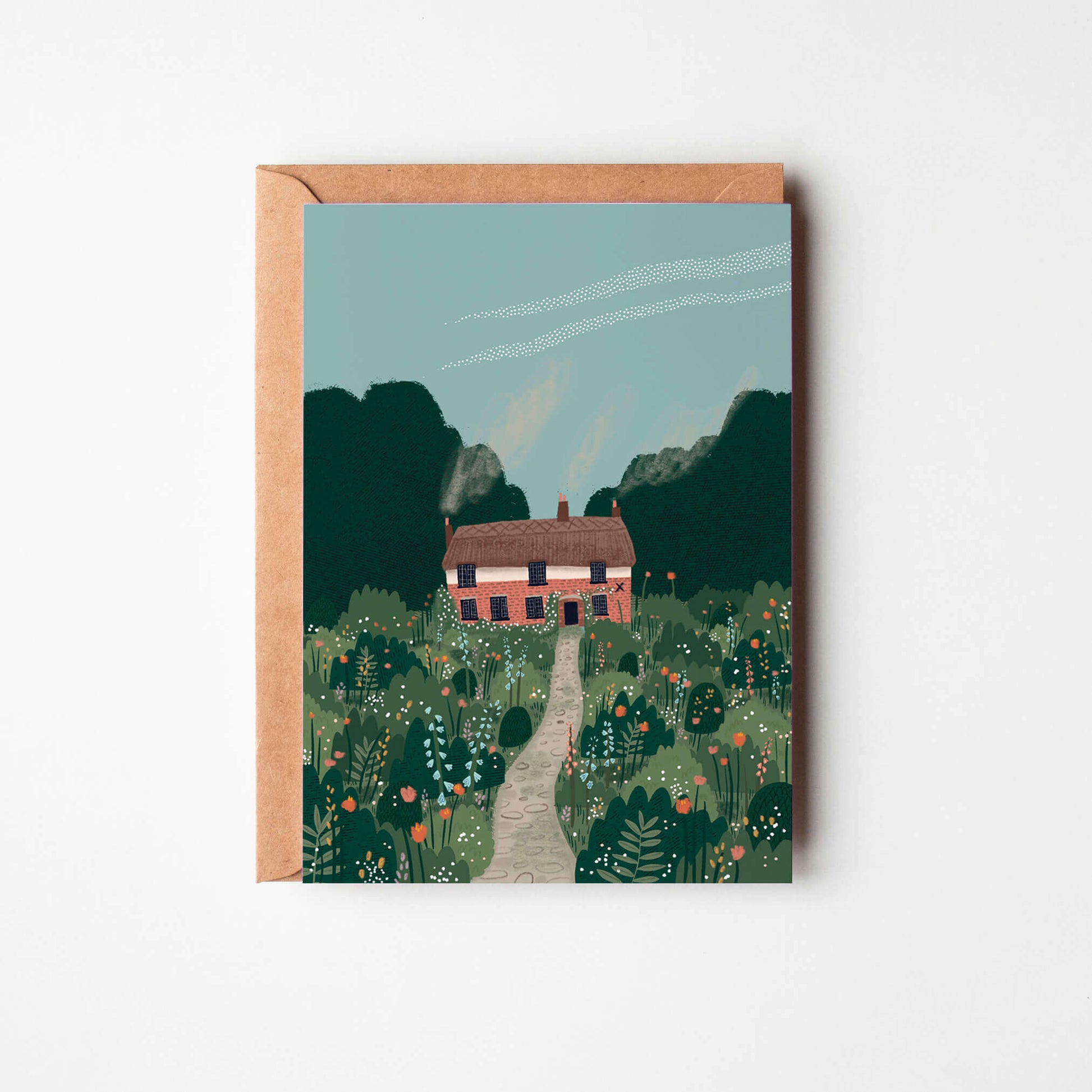 Greeting card with a house illustration on a white background