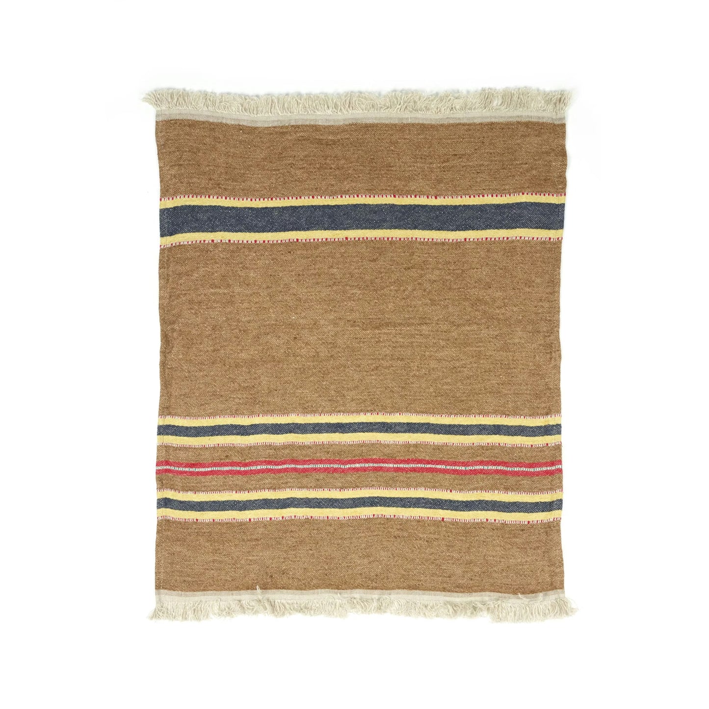 Striped woven rug with brown, blue, red, and yellow colors on a white background Libeco - The Belgian Towel Fouta 100% Linen